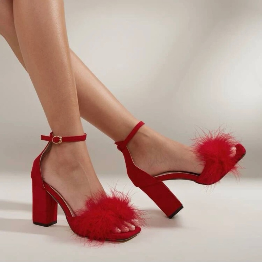 red fluffy strappy heels!
